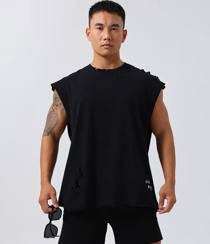 GYM BUDDY WORKOUT SLEEVELESS T SHIRT WITH DISTRESSED HOLES
