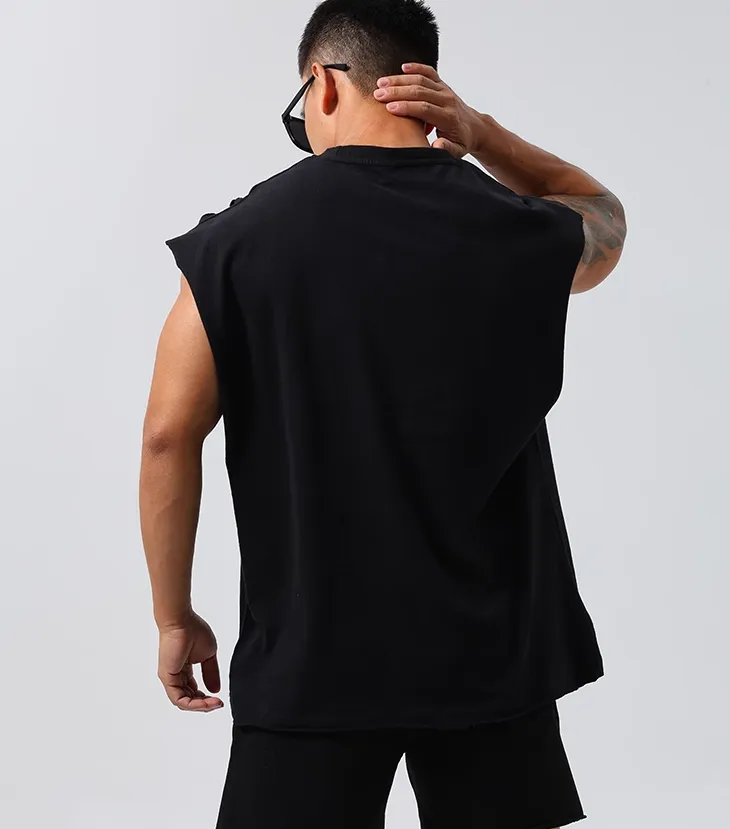 GYM BUDDY WORKOUT SLEEVELESS T SHIRT WITH DISTRESSED HOLES