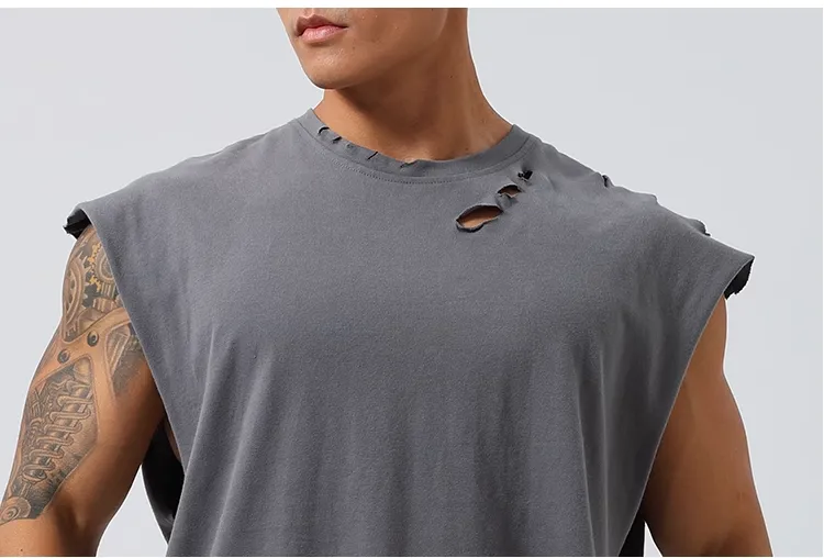 GYM BUDDY WORKOUT SLEEVELESS T SHIRT WITH DISTRESSED HOLES