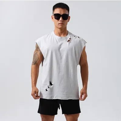 GYM BUDDY WORKOUT SLEEVELESS T SHIRT WITH DISTRESSED HOLES