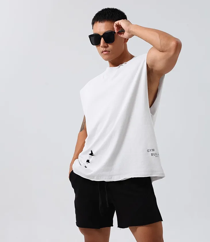 GYM BUDDY WORKOUT SLEEVELESS T SHIRT WITH DISTRESSED HOLES
