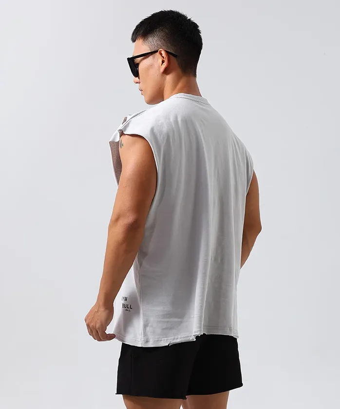 GYM BUDDY WORKOUT SLEEVELESS T SHIRT WITH DISTRESSED HOLES