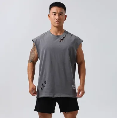 GYM BUDDY WORKOUT SLEEVELESS T SHIRT WITH DISTRESSED HOLES