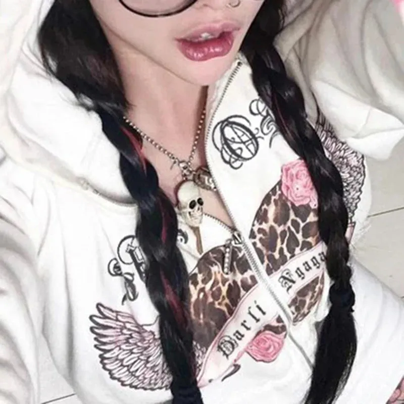 Harajuku Letter Heart Printed Autumn Hoodie Jacket Pockets Long Hooded Sweatshirt Y2K Aesthetic Outwear Zip Up Coats