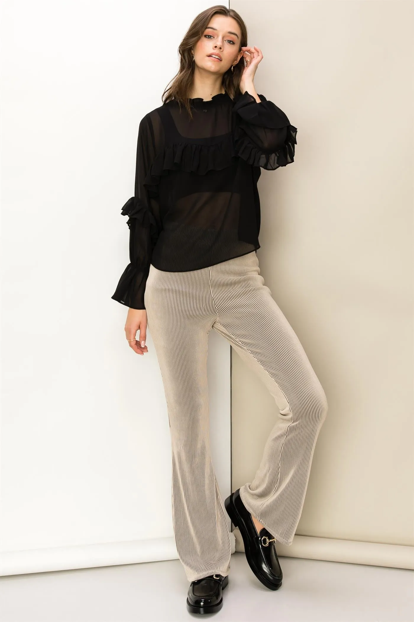 HF23E573-HIGH-WAIST KNIT FLARED PANTS