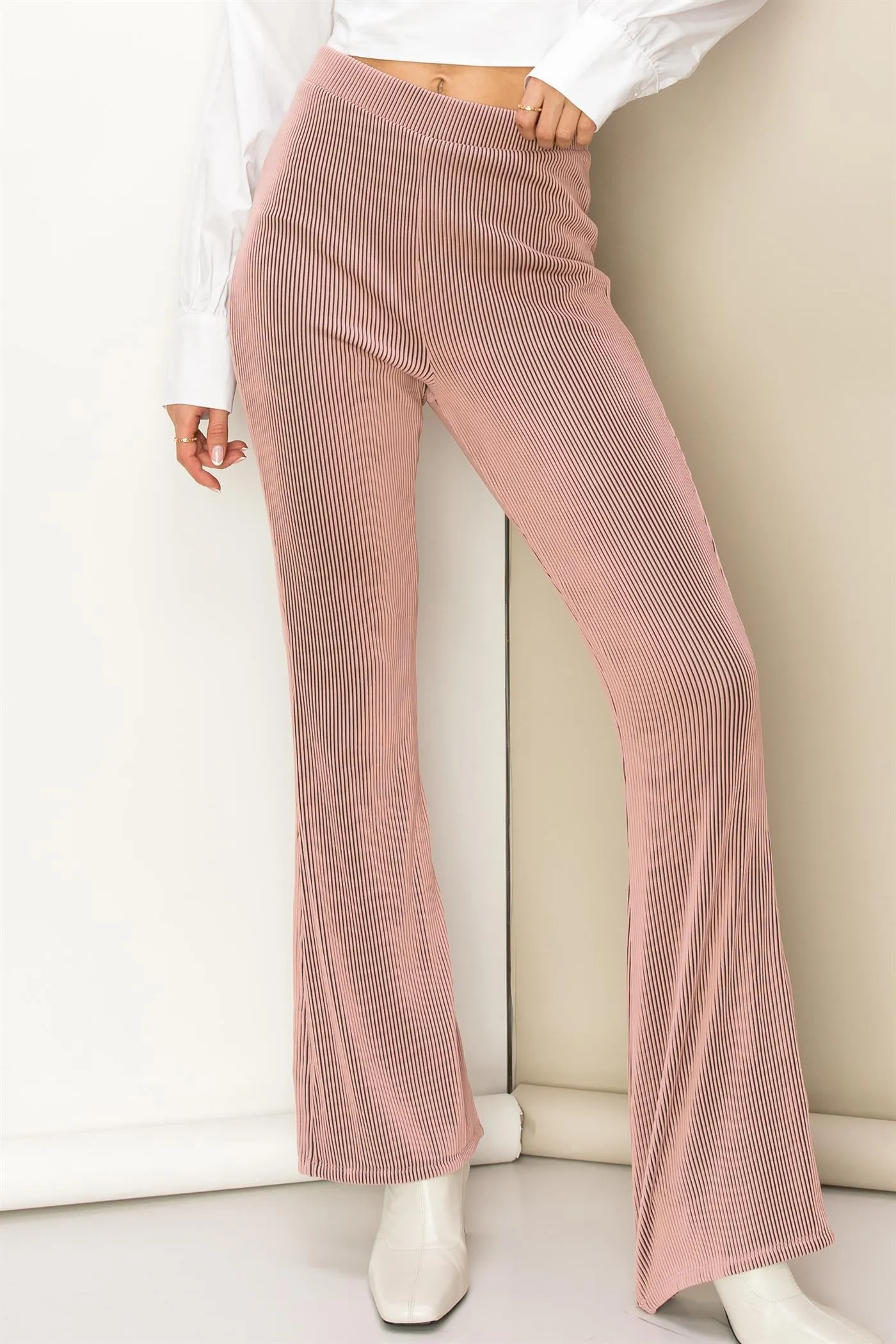 HF23E573-HIGH-WAIST KNIT FLARED PANTS