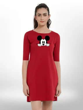 HIDDEN MICKEY PRINT WOMEN'S T-SHIRT THREE QUARTER SLEEVE SIDE POCKET