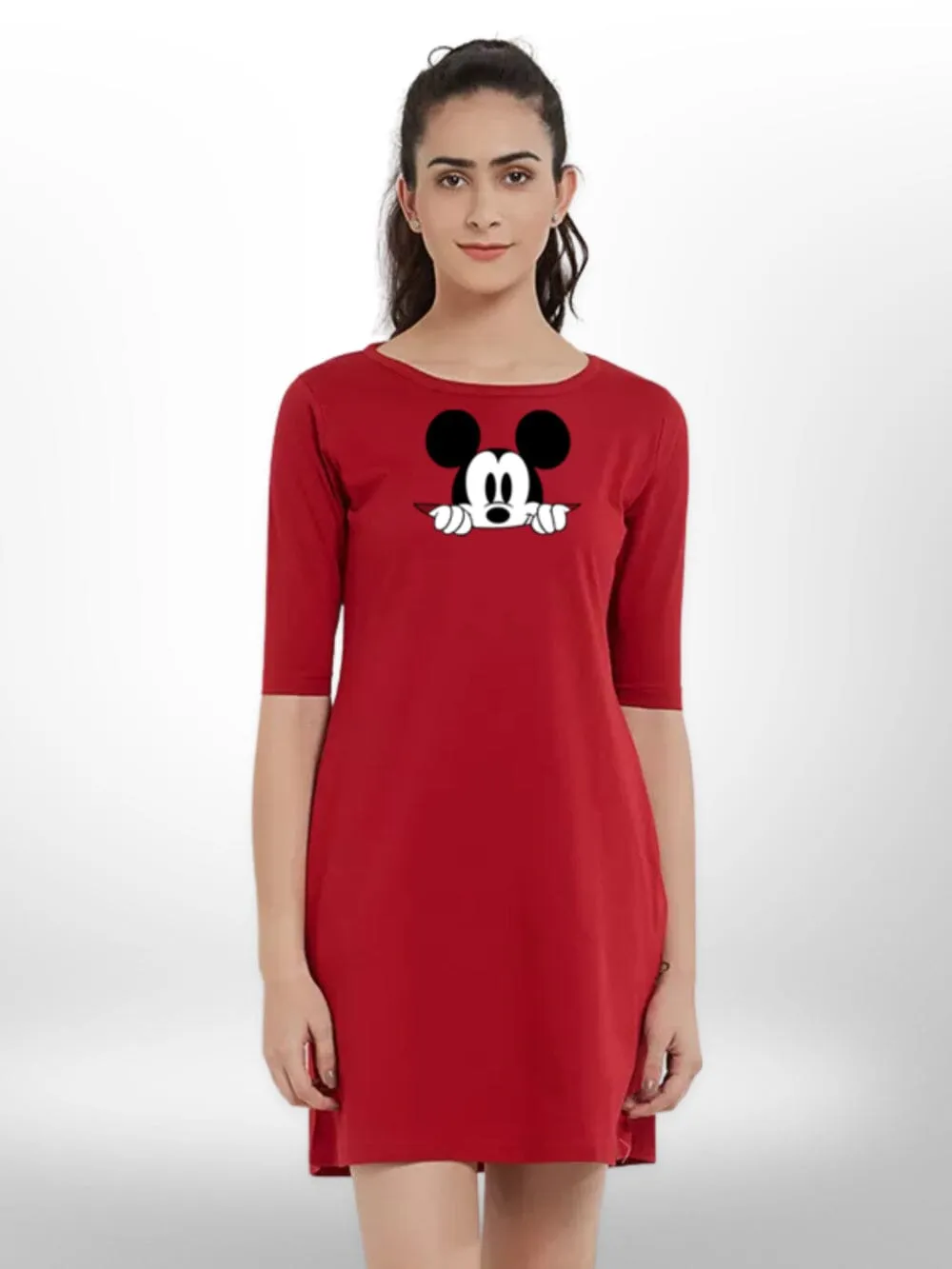 HIDDEN MICKEY PRINT WOMEN'S T-SHIRT THREE QUARTER SLEEVE SIDE POCKET