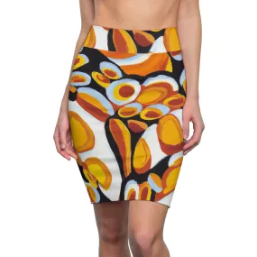 High Waist Womens Pencil Skirt - Contour Stretch - Orange Black White Geometric Print Pattern