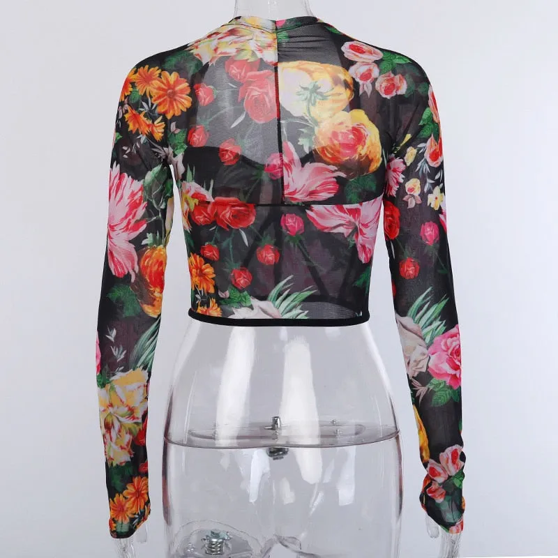 Highstreet Floral Square Collar Long Sleeve Backless Women Crop Top