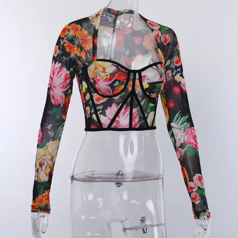 Highstreet Floral Square Collar Long Sleeve Backless Women Crop Top