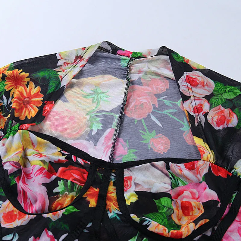 Highstreet Floral Square Collar Long Sleeve Backless Women Crop Top