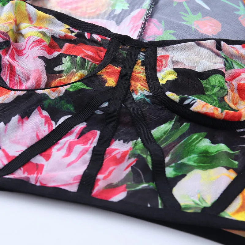 Highstreet Floral Square Collar Long Sleeve Backless Women Crop Top