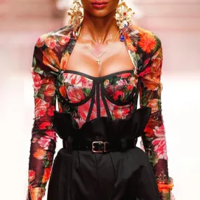 Highstreet Floral Square Collar Long Sleeve Backless Women Crop Top