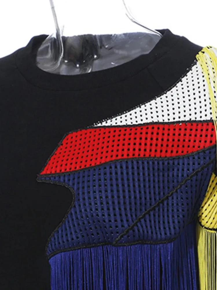 Hit Color Streetwear Sweatshirt For Women O Neck Long Sleeve Patchwork Tassel Sweatshirts Female Fashion New Spring