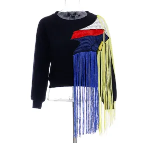 Hit Color Streetwear Sweatshirt For Women O Neck Long Sleeve Patchwork Tassel Sweatshirts Female Fashion New Spring