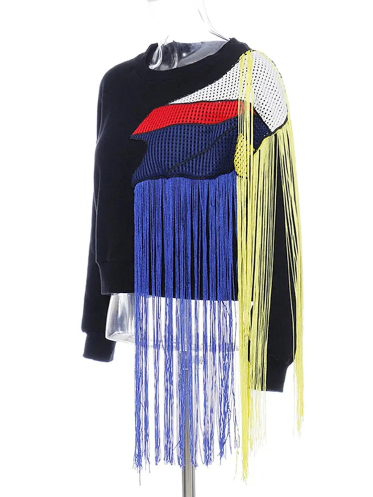 Hit Color Streetwear Sweatshirt For Women O Neck Long Sleeve Patchwork Tassel Sweatshirts Female Fashion New Spring