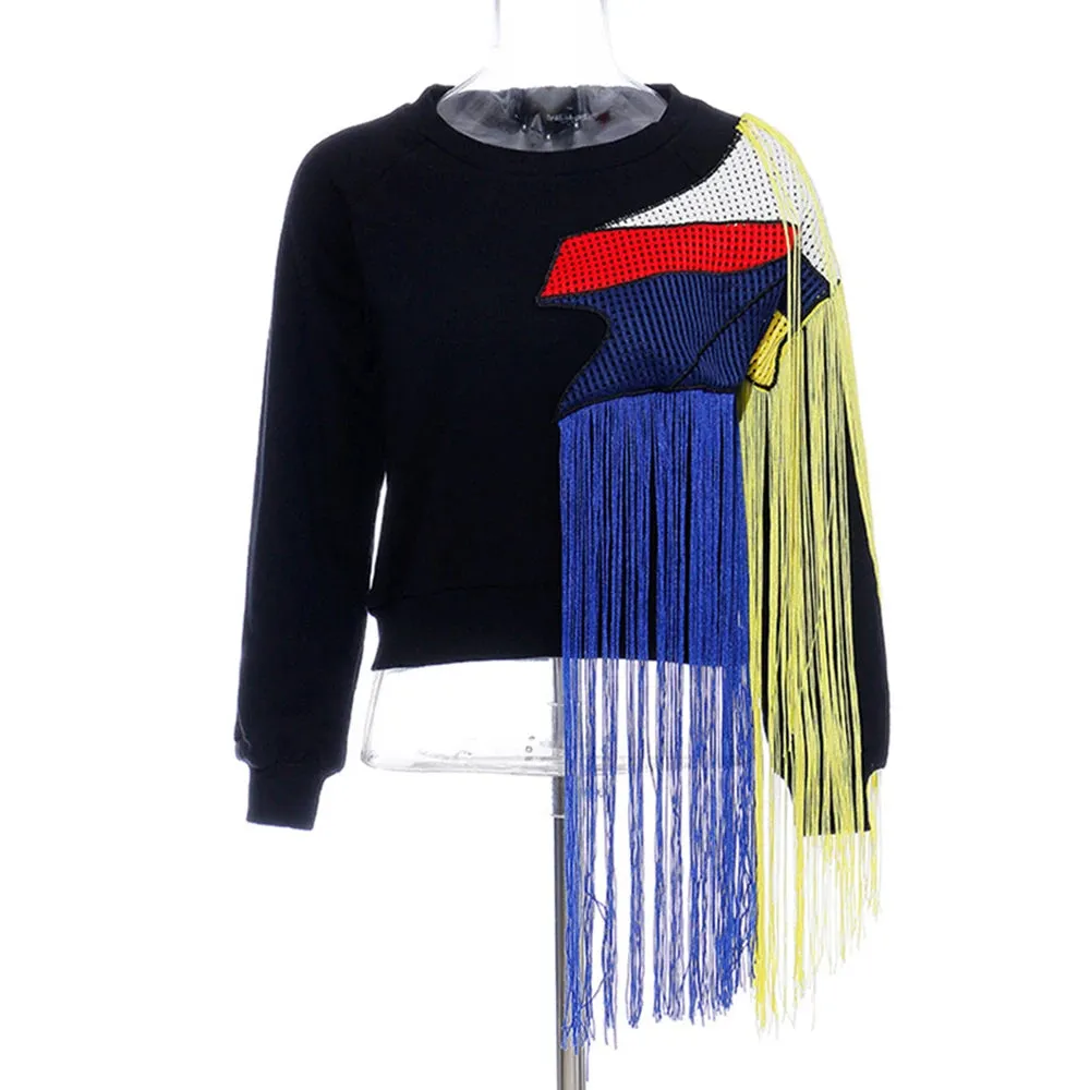 Hit Color Streetwear Sweatshirt For Women O Neck Long Sleeve Patchwork Tassel Sweatshirts Female Fashion New Spring