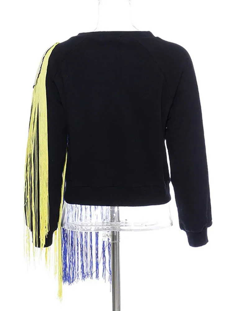 Hit Color Streetwear Sweatshirt For Women O Neck Long Sleeve Patchwork Tassel Sweatshirts Female Fashion New Spring