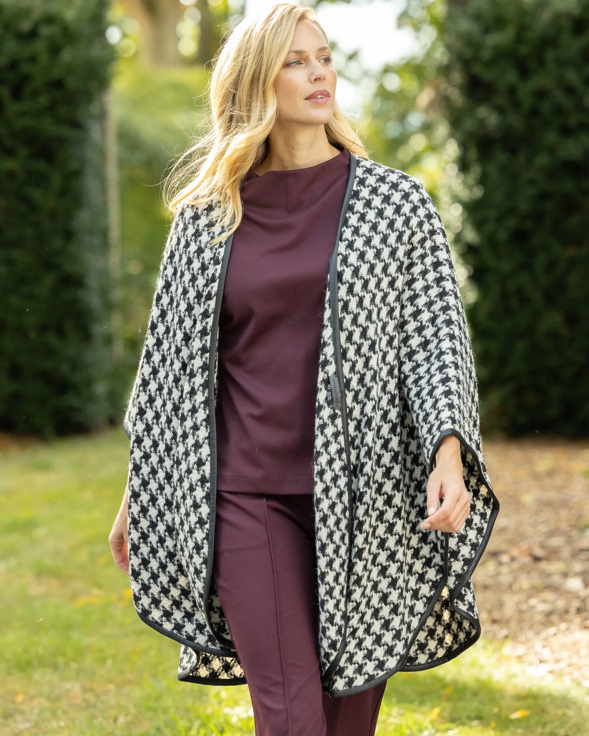 Houndstooth Leather Trimmed Cape