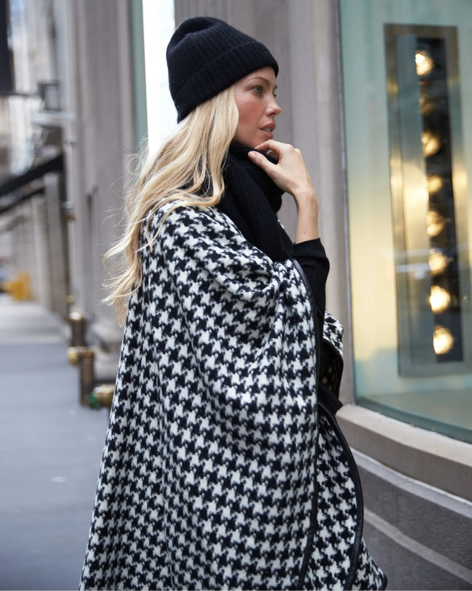Houndstooth Leather Trimmed Cape