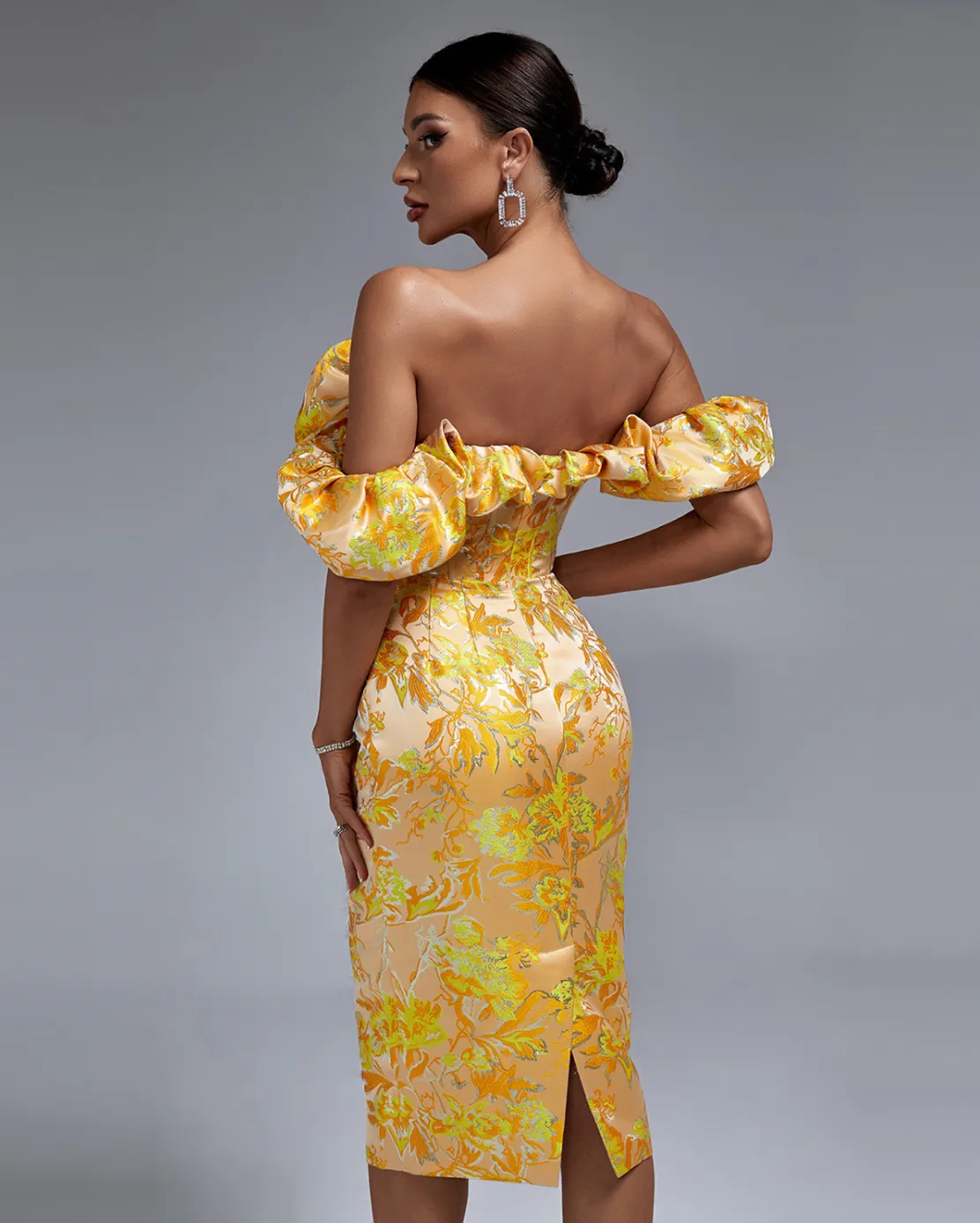 INVICTA Off The Shoulder Sheer Corset Pencil Dress | Orange