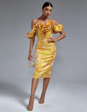 INVICTA Off The Shoulder Sheer Corset Pencil Dress | Orange