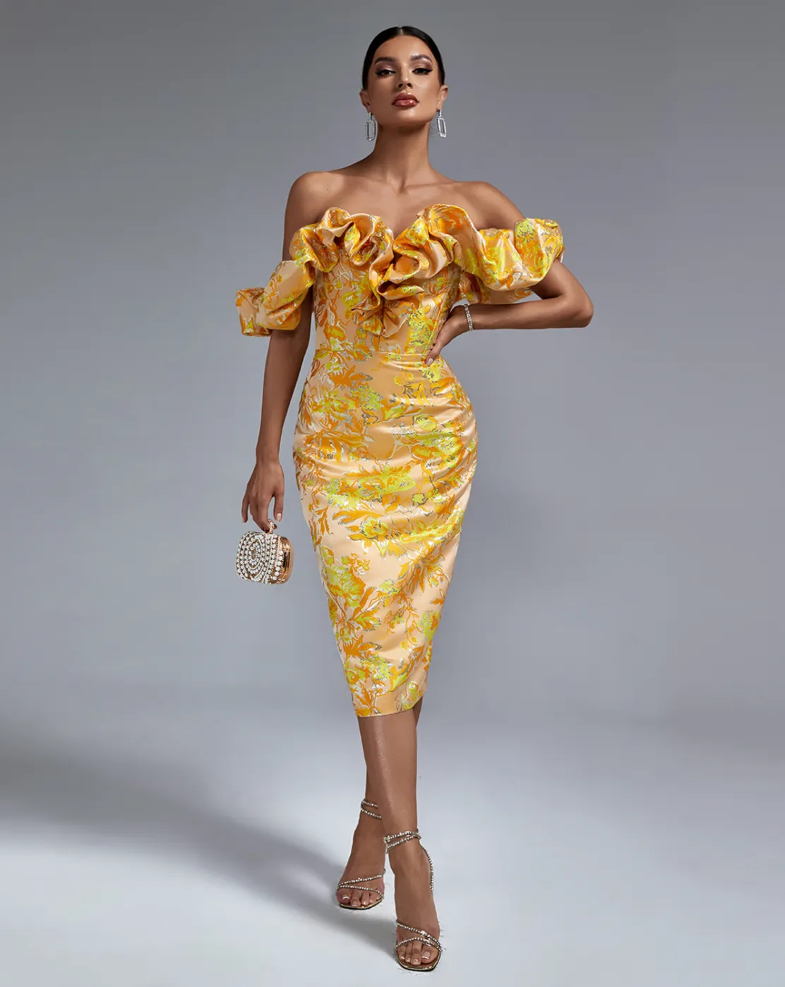 INVICTA Off The Shoulder Sheer Corset Pencil Dress | Orange