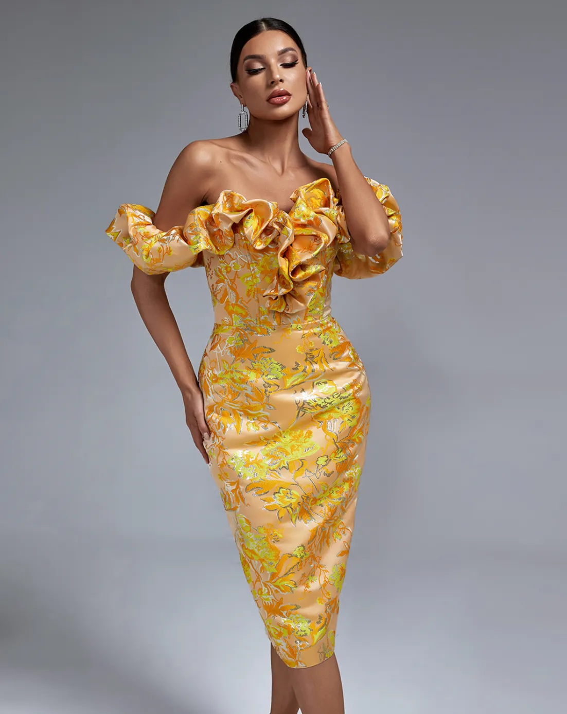 INVICTA Off The Shoulder Sheer Corset Pencil Dress | Orange