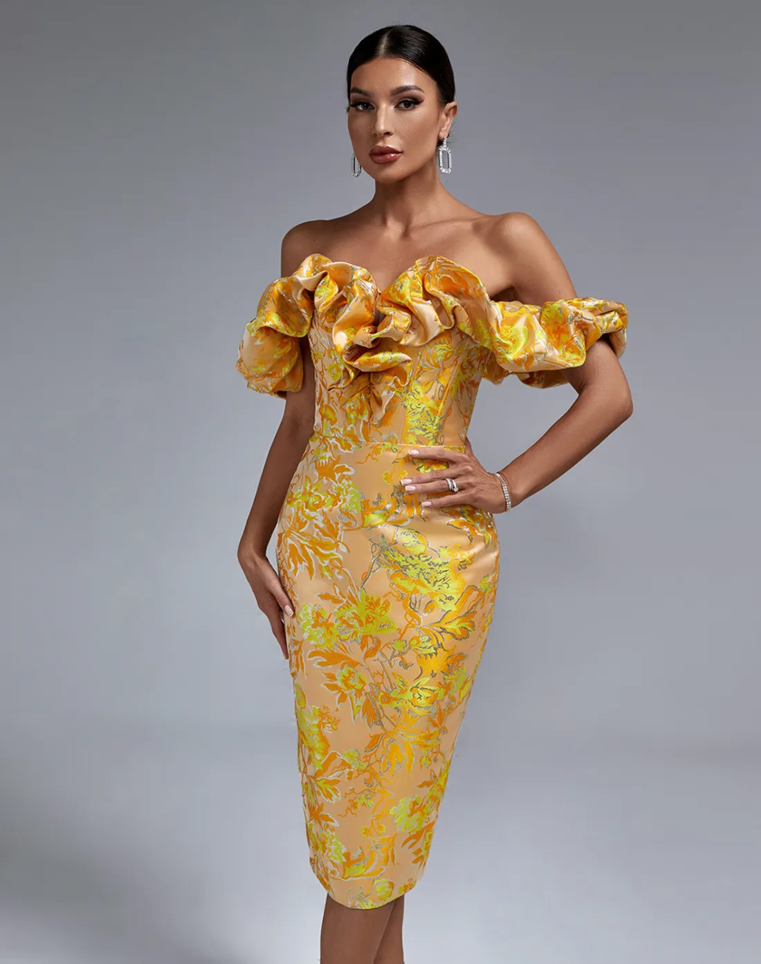 INVICTA Off The Shoulder Sheer Corset Pencil Dress | Orange