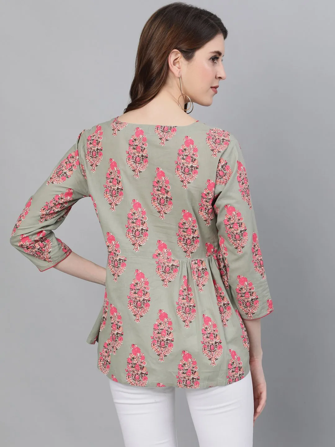 Ishin Women's Cotton Sea Green Printed Top