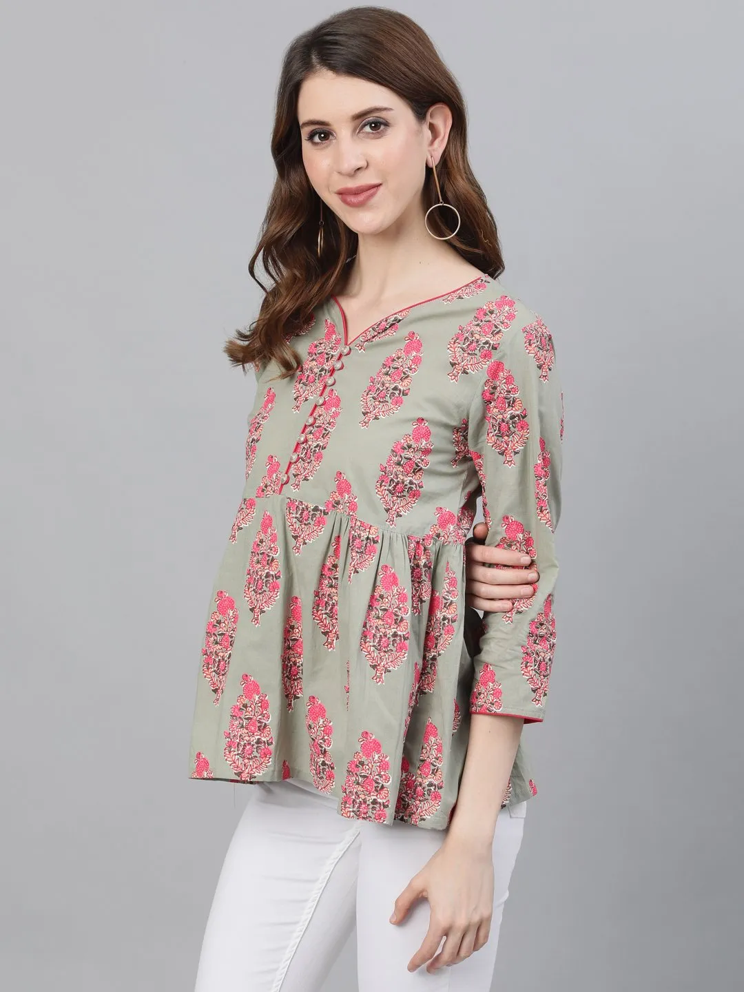 Ishin Women's Cotton Sea Green Printed Top