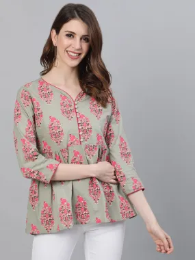 Ishin Women's Cotton Sea Green Printed Top