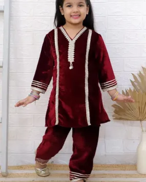 Kids Red Velvet Beautiful Kurti Pant Set