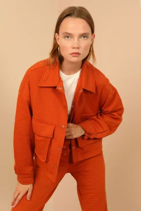 KKT Quilted Fabric Long Sleeve Shirt Collar Hip Height Oversize Button Up Women Jacket - Cinnamon  - Indianapolis
