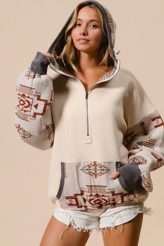 KORY FLEECE AND AZTEC MIX AND MATCH HOODIE TOP S-XL