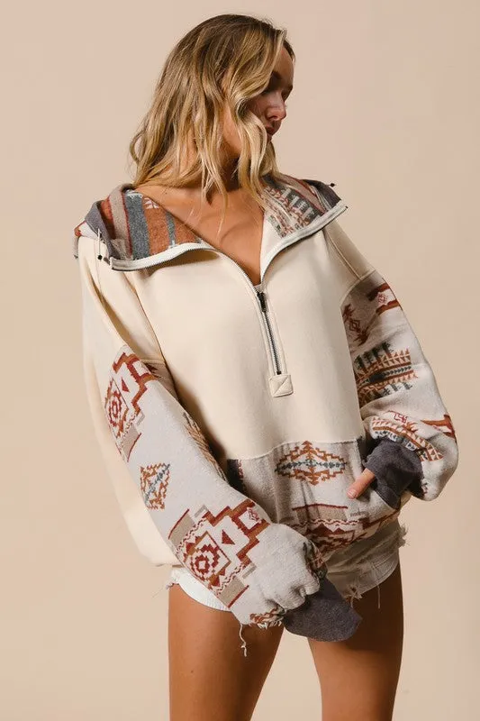 KORY FLEECE AND AZTEC MIX AND MATCH HOODIE TOP S-XL