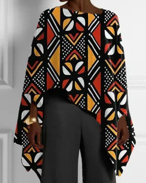 Ladies Art Black Geometric Print Irregular Hem Top