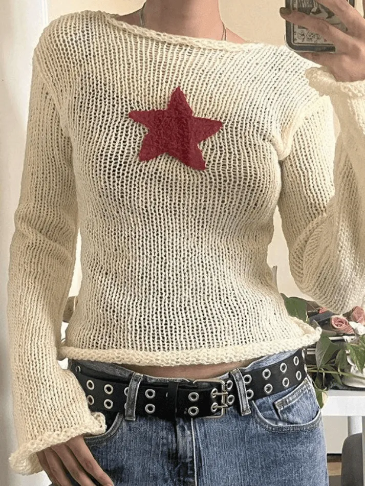 LANFUBEISI - Star Crochet Knit Cropped Knit Top