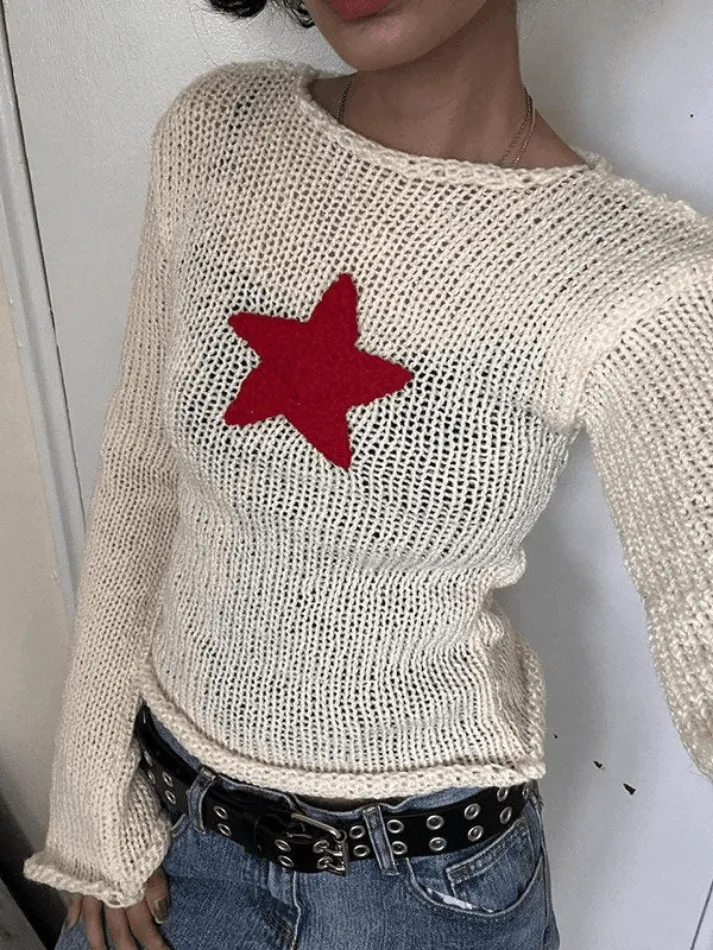 LANFUBEISI - Star Crochet Knit Cropped Knit Top