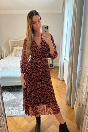 LEOPARD PRINT PLEATED LOW CUT ORANGE DRESS