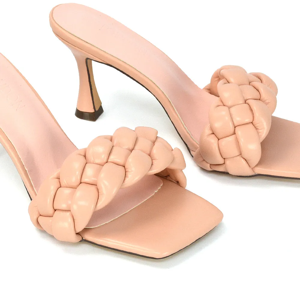 Lilah Woven Strap Square Toe Stiletto mid High Heel Mule Slip on Sandals in Pink