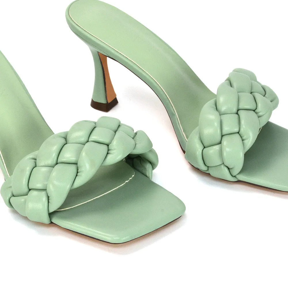 Lilah Woven Strap Square Toe Stiletto mid High Heel Mule Slip on Sandals in Pink
