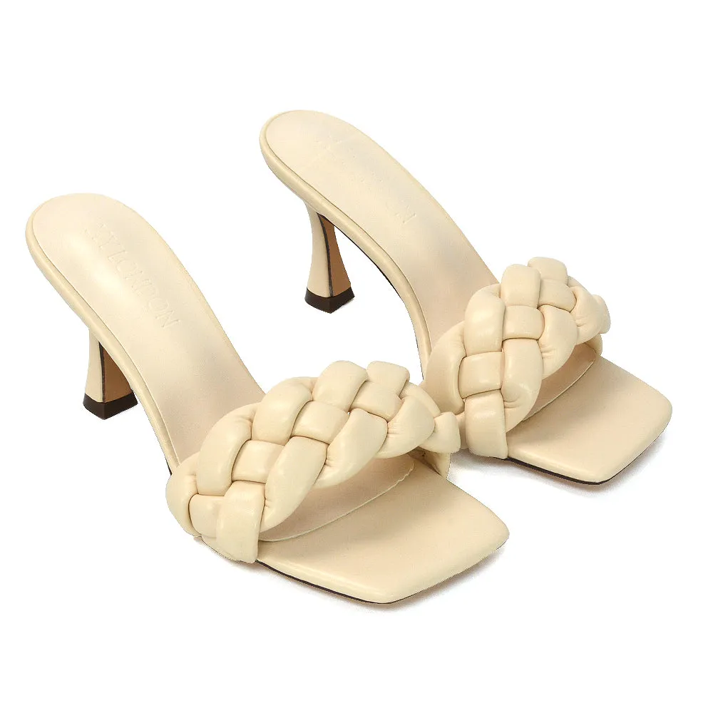 Lilah Woven Strap Square Toe Stiletto mid High Heel Mule Slip on Sandals in Pink