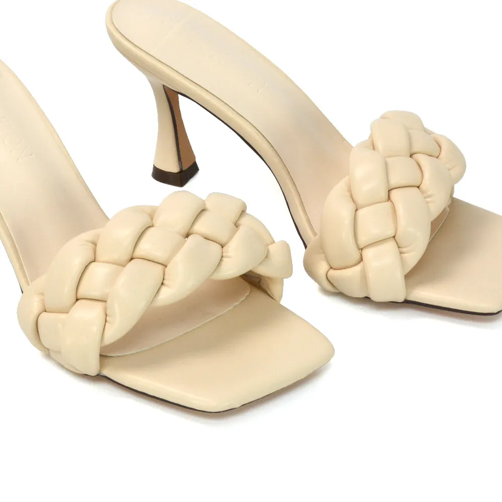 Lilah Woven Strap Square Toe Stiletto mid High Heel Mule Slip on Sandals in Pink