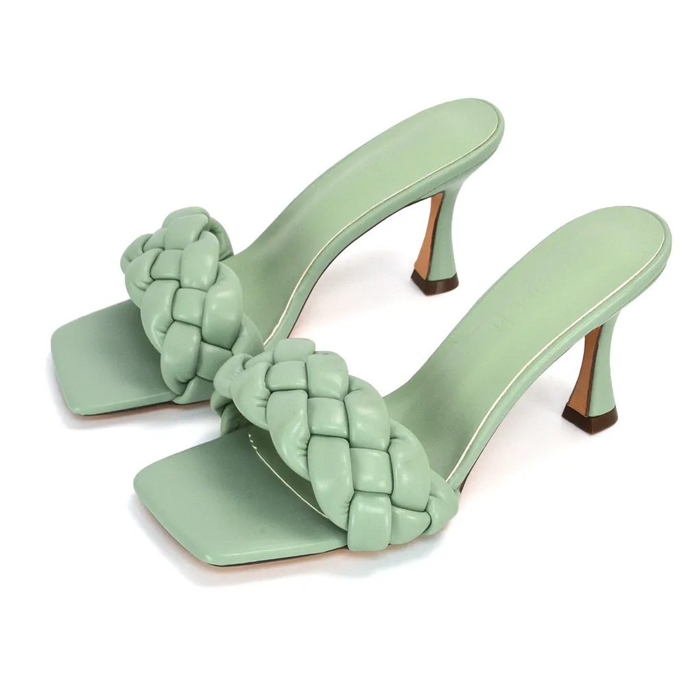 Lilah Woven Strap Square Toe Stiletto mid High Heel Mule Slip on Sandals in Pink