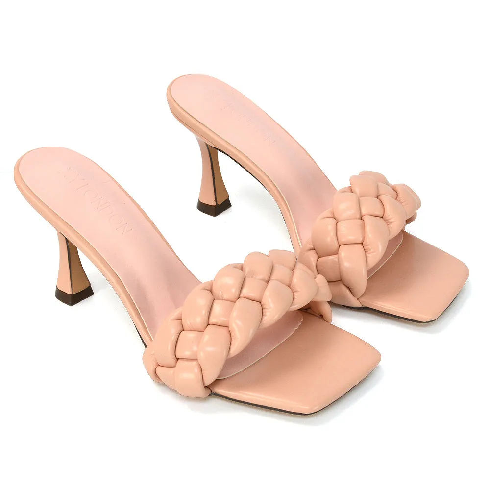 Lilah Woven Strap Square Toe Stiletto mid High Heel Mule Slip on Sandals in Pink