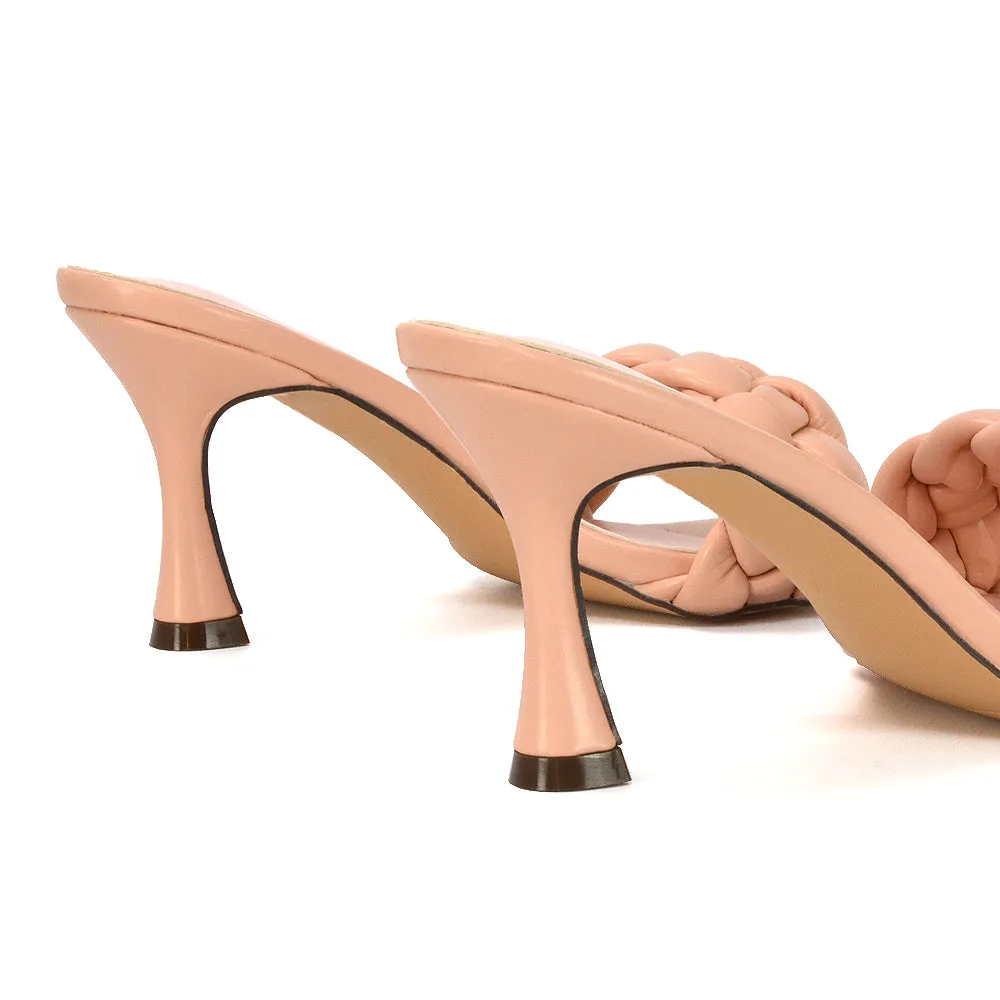 Lilah Woven Strap Square Toe Stiletto mid High Heel Mule Slip on Sandals in Pink