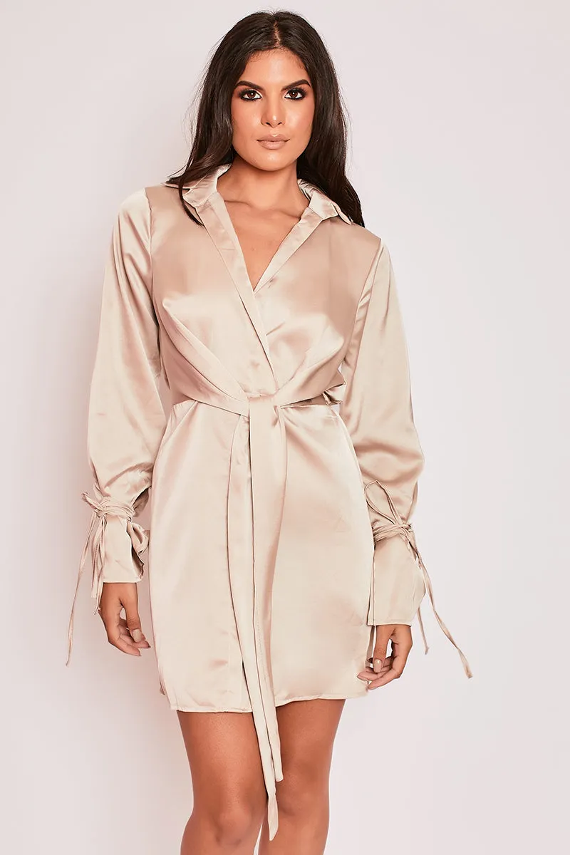 Mae - Champagne Satin Tie Front Shirt Dress