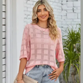 Mandy Openwork Round Neck Knit Top